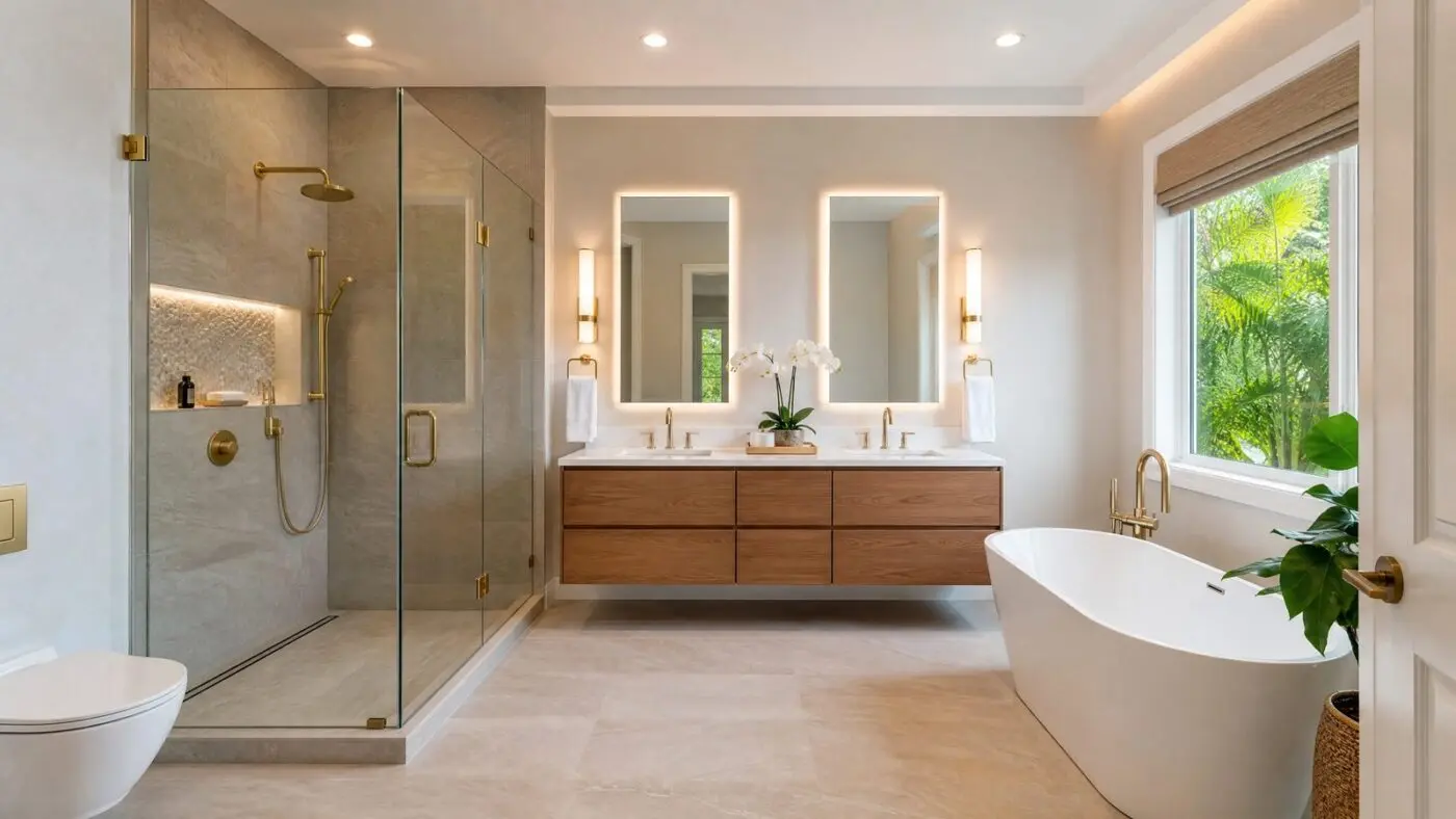 Completed primary bathroom remodel in Tarpon Springs FL with frameless glass shower, floating double vanity, and freestanding tub by CMK Construction