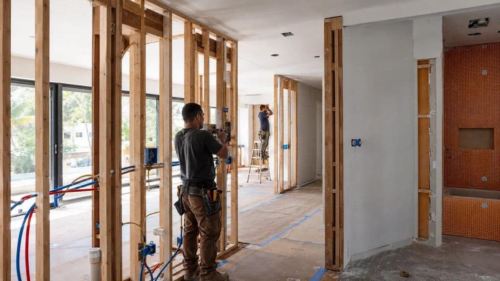 Whole-home renovation in progress with exposed framing, plumbing and electrical rough-ins, drywall, and bathroom waterproofing.