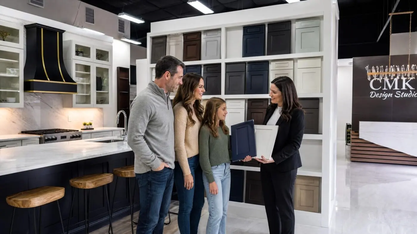 Family selecting cabinet door styles with an accredited designer at the CMK Design Studio in Tampa FL