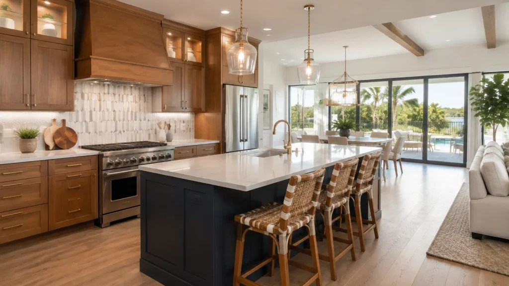 Open-concept kitchen remodel with navy island, custom cabinets and quartz countertops