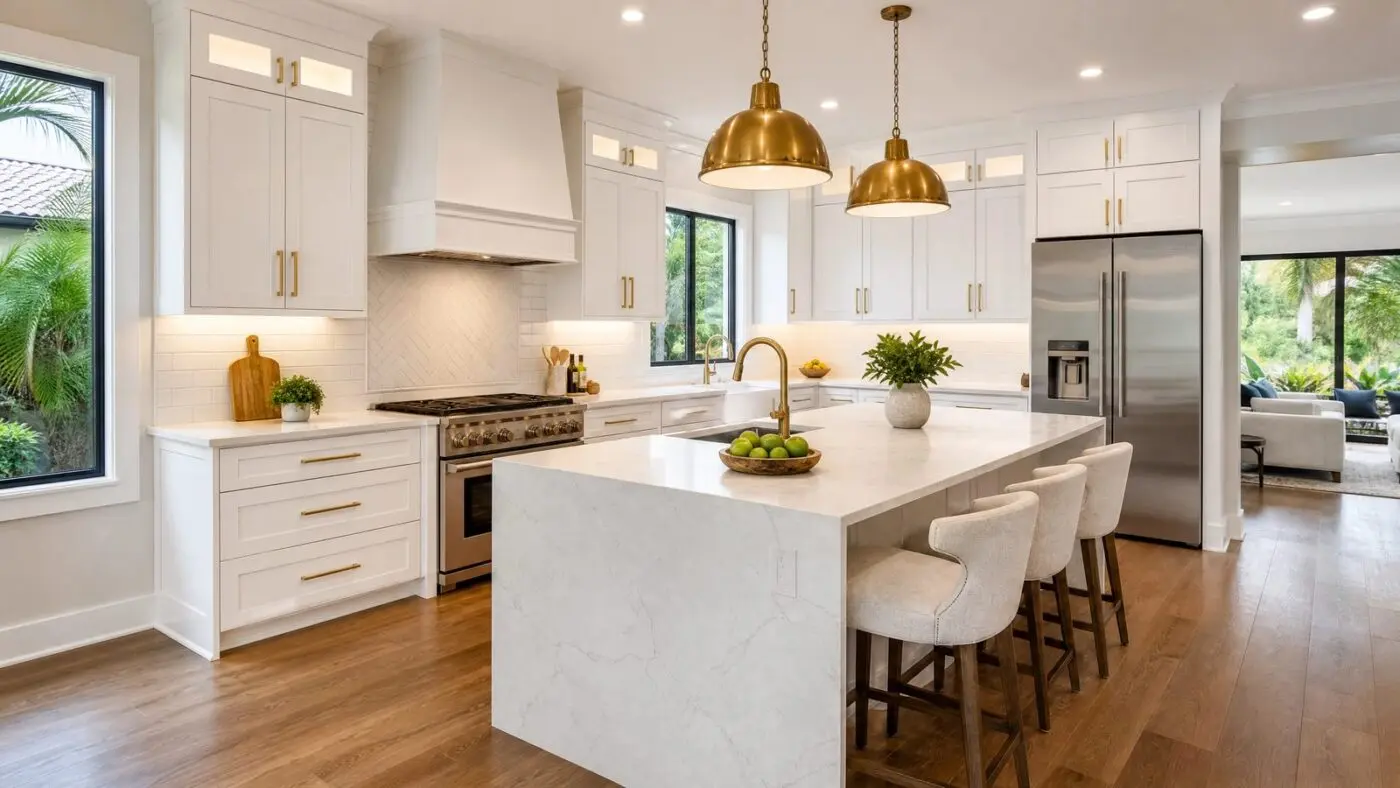 Completed kitchen remodel in St. Petersburg FL with white shaker cabinets, quartz waterfall island, and brass fixtures by CMK Construction