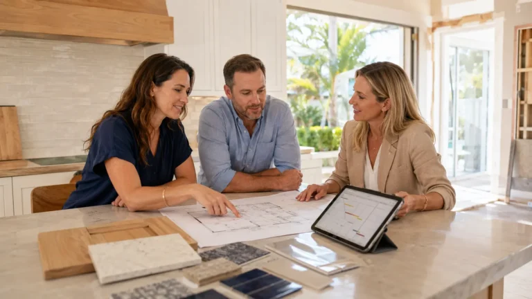 Tampa Bay homeowners planning a whole-home renovation with a designer, floor plans, and material samples.