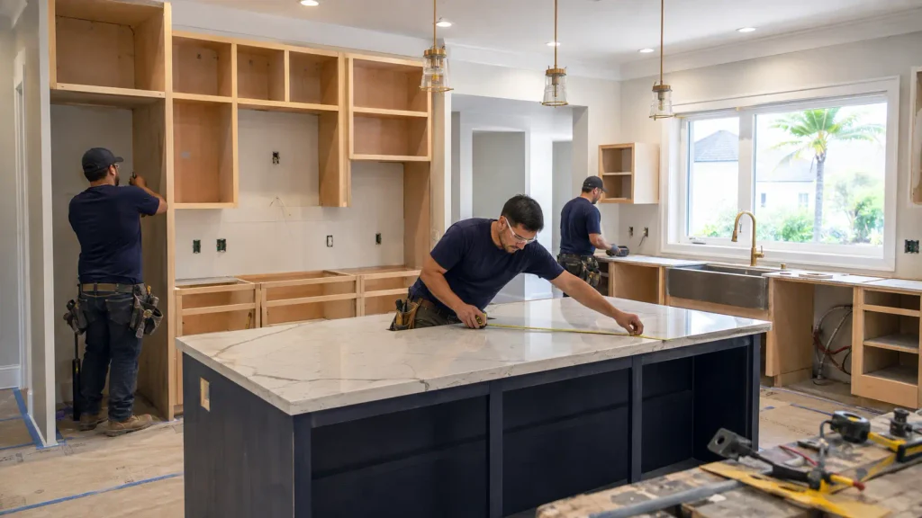 Contractors installing cabinets and countertops during a Tampa Bay kitchen remodel