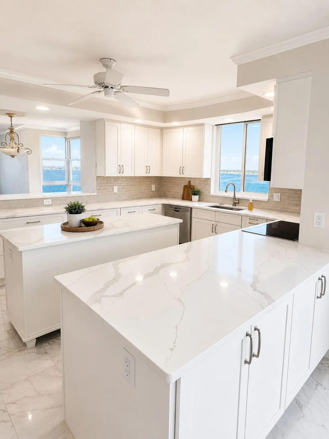 coastal white kitchen remodel in siesta key florida with sand tone brick backsplash and water views by cmk construction
