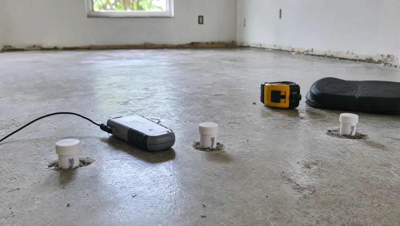 In-situ relative humidity probes capped in drilled test holes in a bare concrete slab, with a handheld moisture meter, tape measure and knee pad, before a wood floor installation in a Florida home