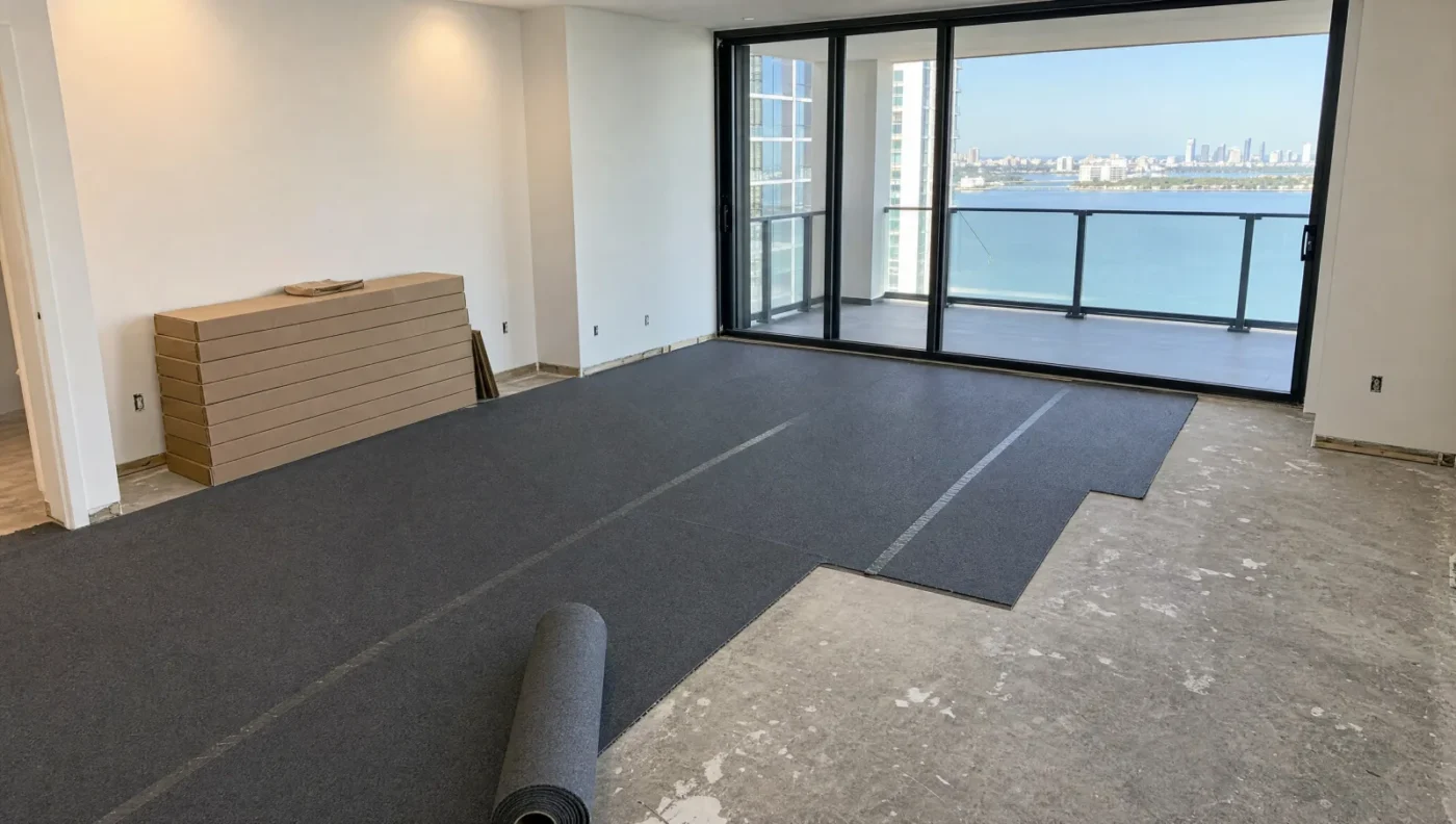 Gray acoustic underlayment being rolled out over the concrete slab of a Florida high-rise condo unit before new flooring, with boxed flooring stacked against the wall and sliding doors to a balcony over the bay