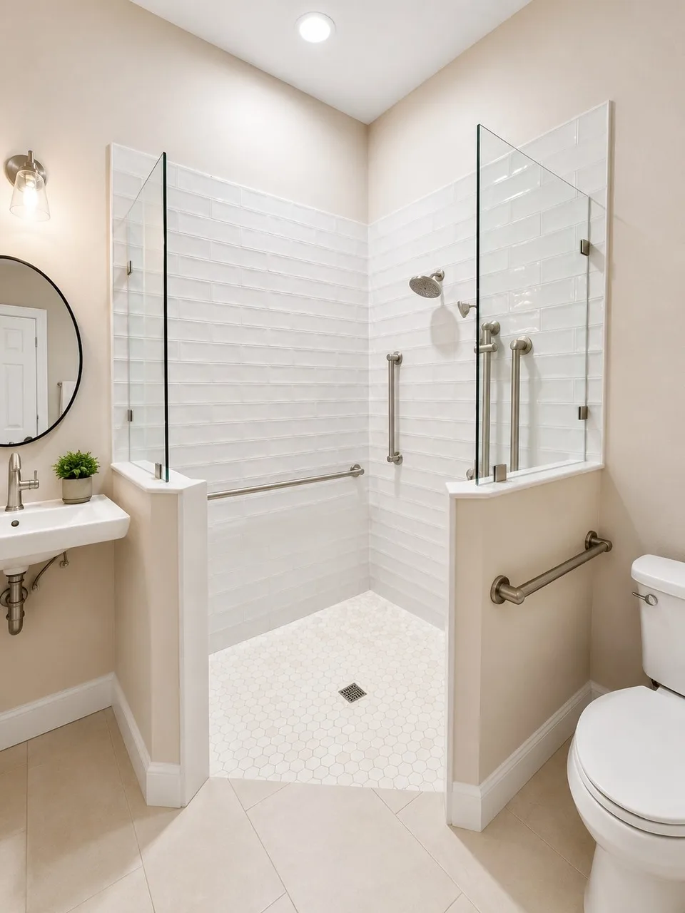 Corner curbless shower with glass topped half walls and grab bars in Riverview FL