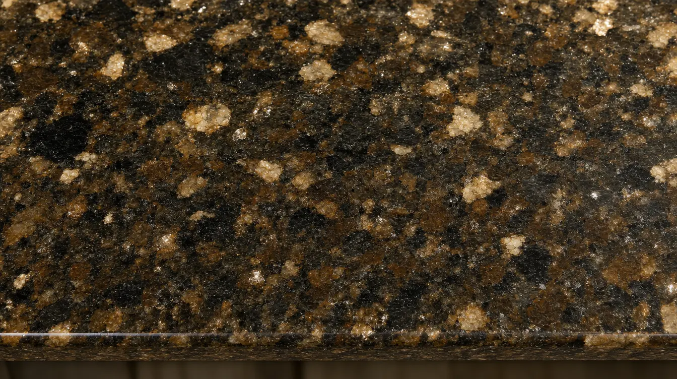 Close-up of a polished granite slab with dense mineral flecking