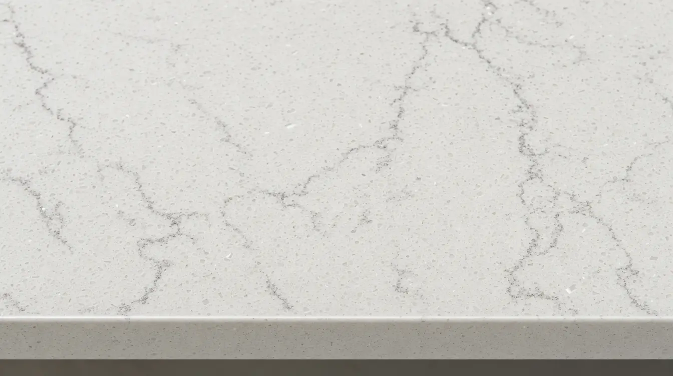 Close-up of an engineered quartz countertop surface with fine grey veining