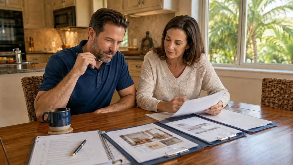 Tampa Bay couple comparing remodeling contractors, project proposals, portfolios, and customer reviews for a whole-home renovation.
