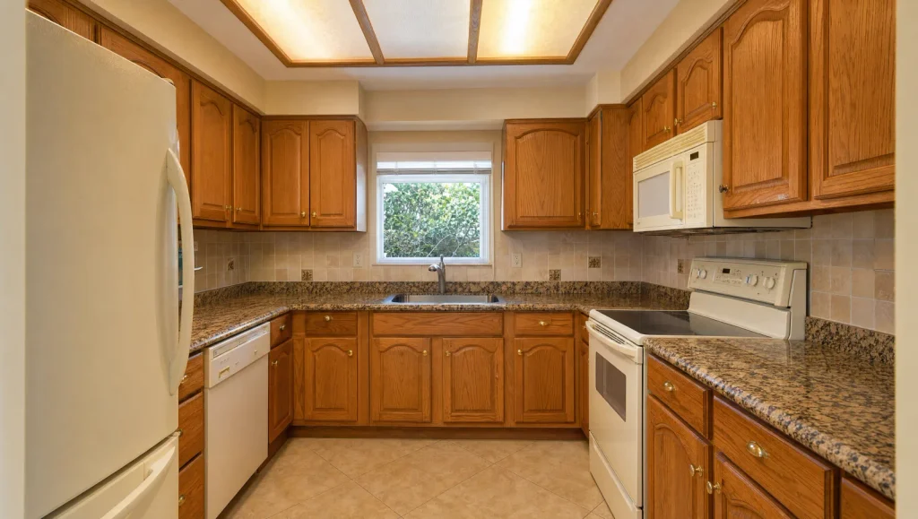 Dated 1990s Florida kitchen with honey oak cathedral arch cabinets, speckled brown granite countertops, brass knobs and beige tile