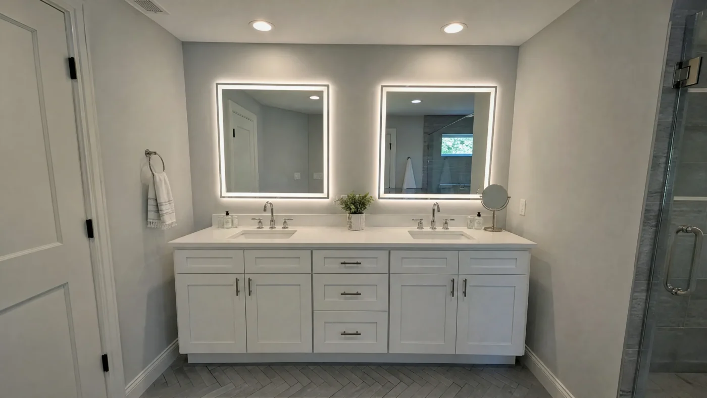 Wide angle view of completed double vanity with two LED backlit mirrors white shaker cabinets and herringbone floor tile in Palm Harbor FL by CMK Construction