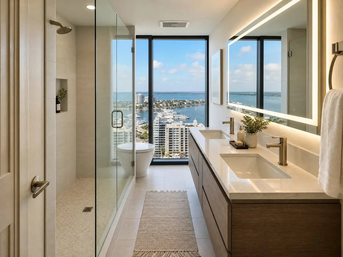 High rise condo bathroom remodel in downtown Sarasota with a walk in shower, floating double vanity, and floor to ceiling windows overlooking Sarasota Bay