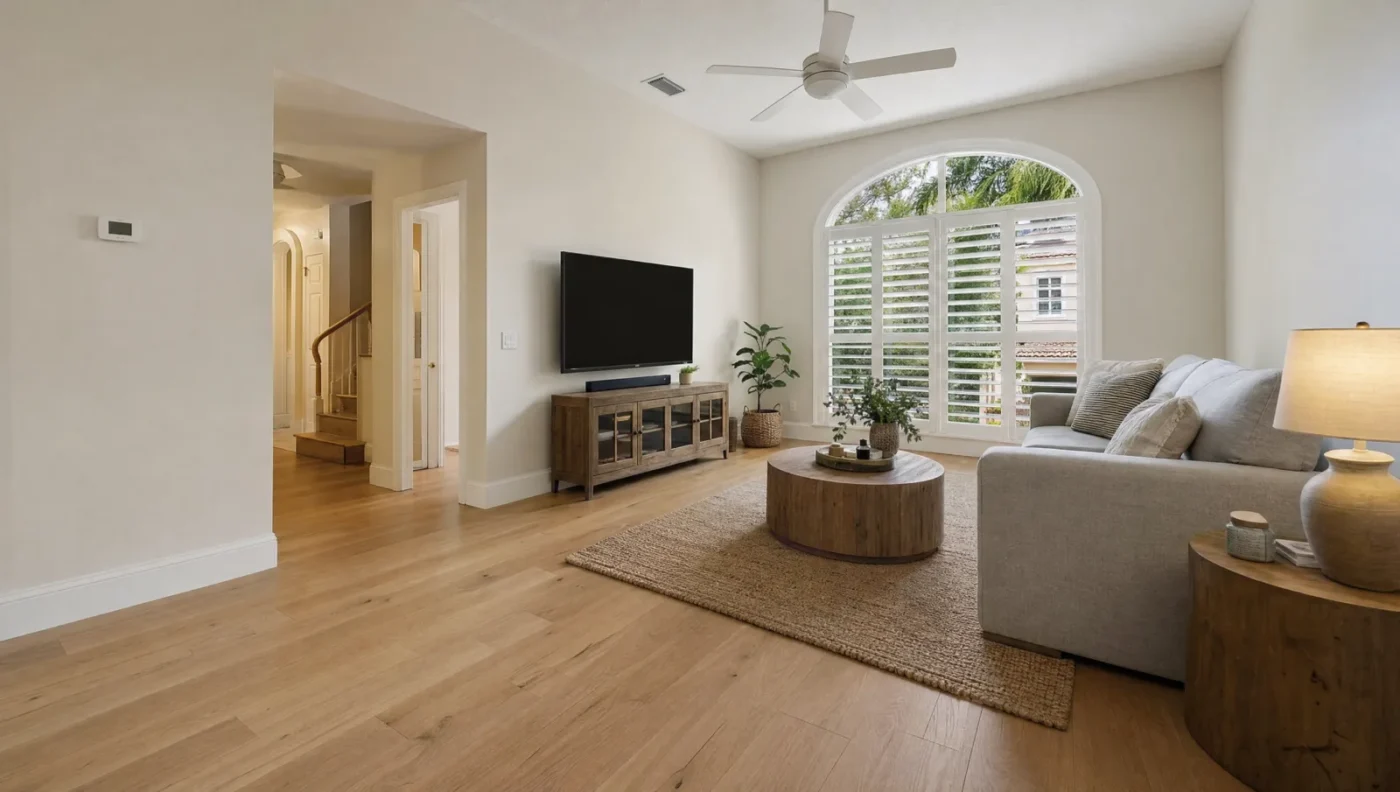 Wide-plank engineered white oak floor in the family room of a two-story Florida home with a ceiling fan, an arched window with plantation shutters and a wall thermostat by the hallway