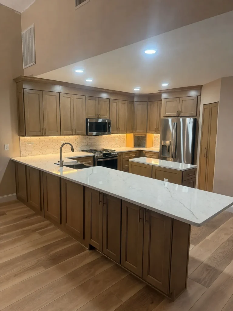 Contemporary kitchen featuring a long wooden island and modern stainless steel appliances.