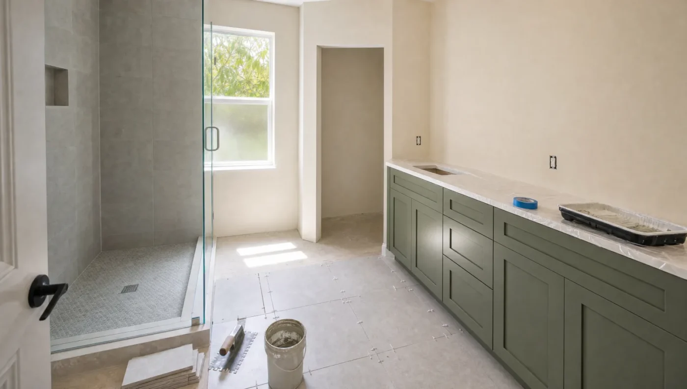 Bathroom finish work exempt under the Florida Building Code: floor tile being set, fresh paint, and a sage green vanity installed with the counter still wrapped