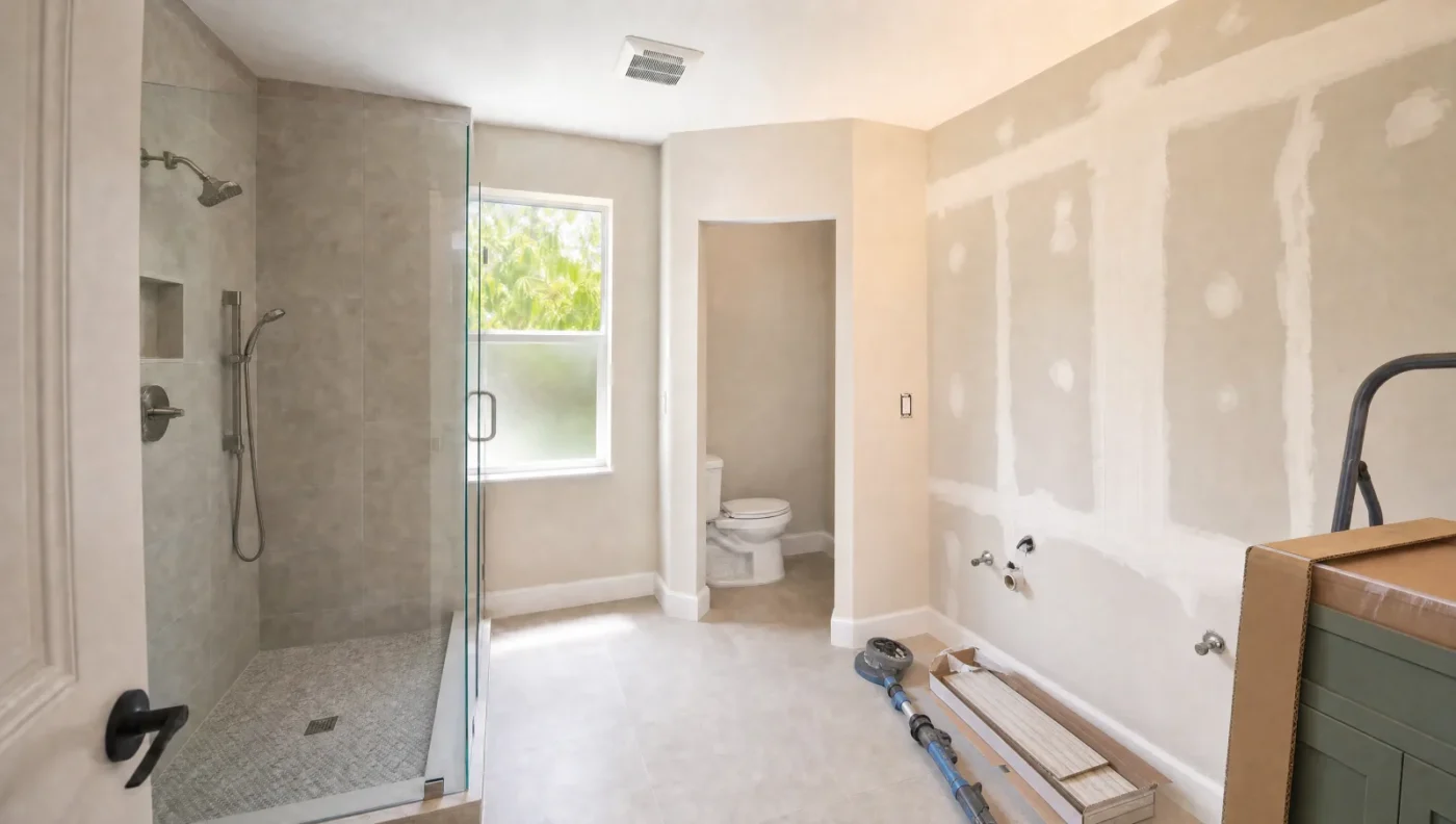 Cosmetic-only bathroom update covered by Florida's HB 803 exemption, with drywall patched and sanded, a boxed vanity cabinet on a hand truck, and existing plumbing untouched