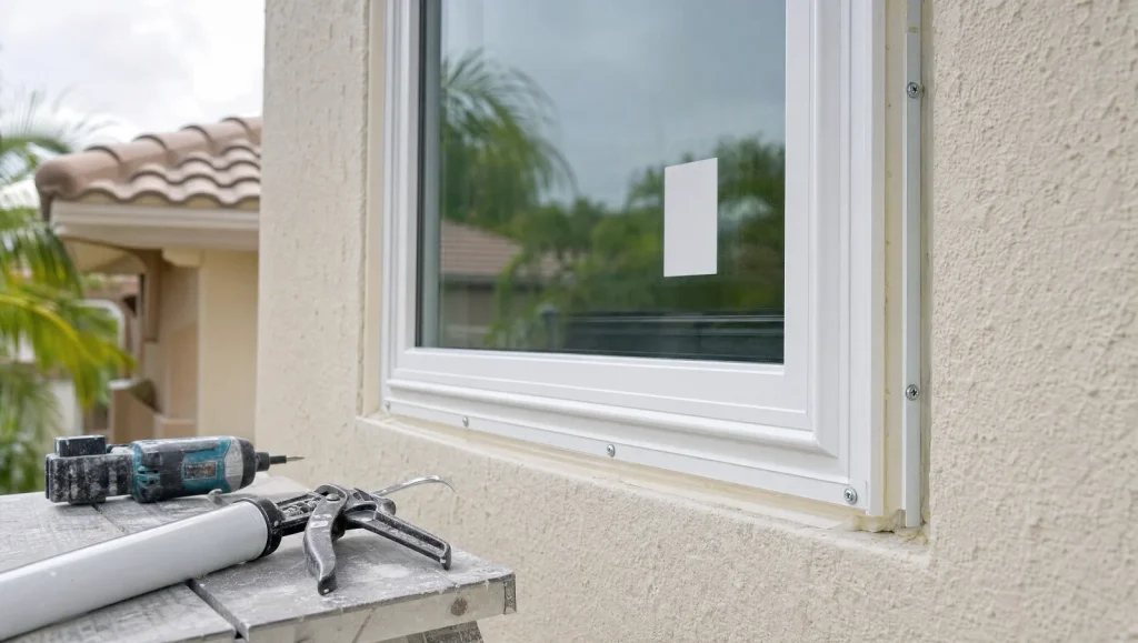 Newly installed hurricane impact-rated window on a Florida stucco home, a wind-mitigation cost factor in whole-home renovations