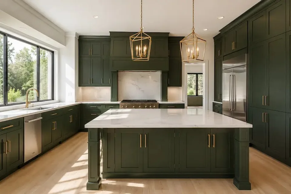 dark forest green kitchen cabinets floor to ceiling with brass lantern pendants in a South Tampa remodel by CMK Construction