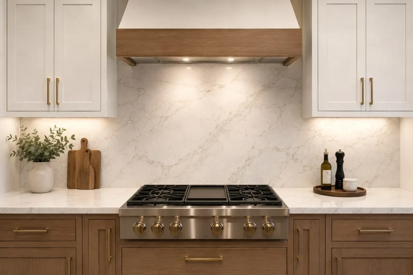 Full height Cambria quartz slab backsplash from countertop to cabinets in a Sarasota kitchen remodel by CMK Construction