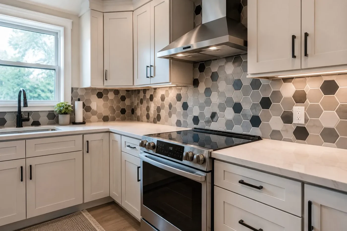Multi tone hexagon tile backsplash blending cream and gray tones in a New Port Richey kitchen remodel by CMK Construction