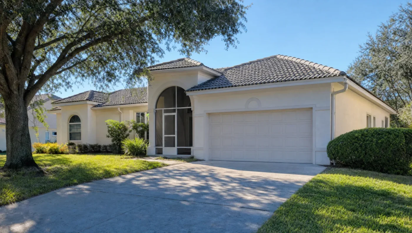 Single-story 1990s stucco home with a tile roof and screened arched entry in a Brandon-area Hillsborough County subdivision