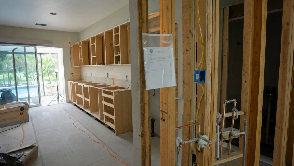 Hillsborough County kitchen remodel at rough-in stage with new plumbing, electrical, and a permit card posted for inspection