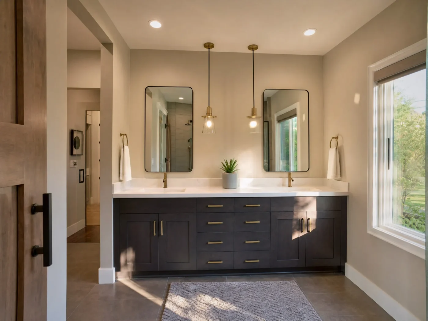 His and hers LED mirrors above espresso double vanity with brass hardware and quartz countertop in Lutz FL primary bathroom by CMK Construction