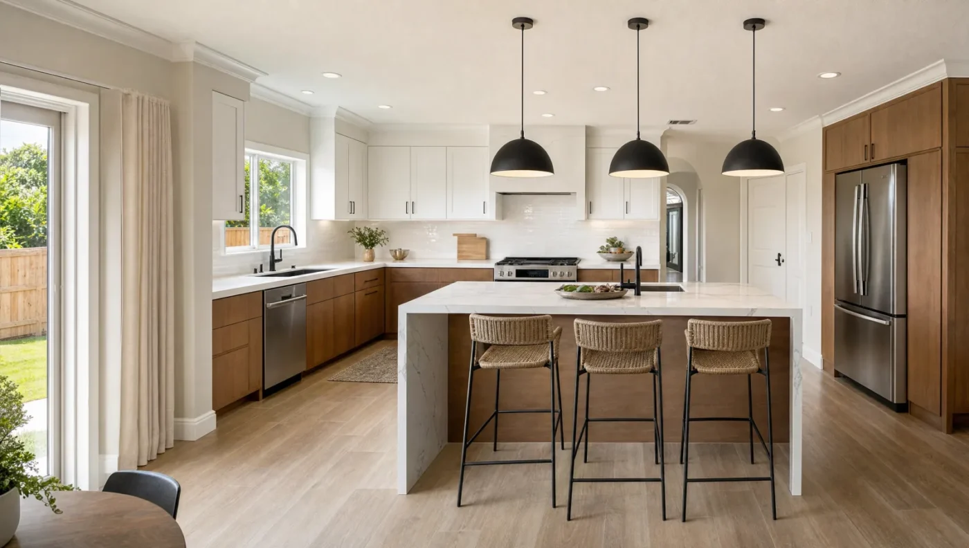Remodeled kitchen in a 2000s Florida home with walnut lower cabinets, white uppers, a white quartz waterfall island with black pendant lights and a wood-look porcelain floor