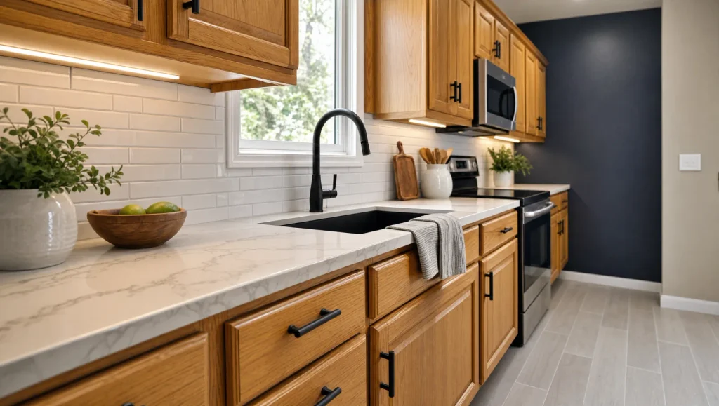 Honey oak kitchen cabinets updated with warm white quartz countertops, a white subway tile backsplash, matte black hardware and a navy accent wall