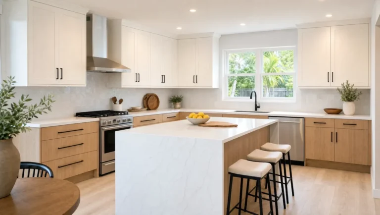 Modern kitchen remodel in a Tampa home with white oak flat-panel lower cabinets, white shaker uppers, a quartz waterfall island and matte black pulls