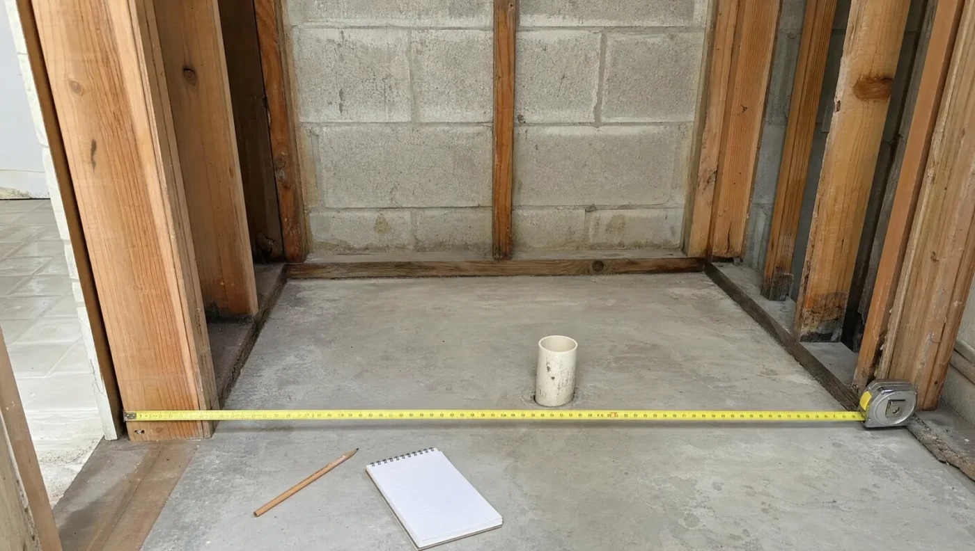 Empty framed shower alcove with a tape measure stretched stud to stud across the concrete slab and the existing PVC drain stub off center