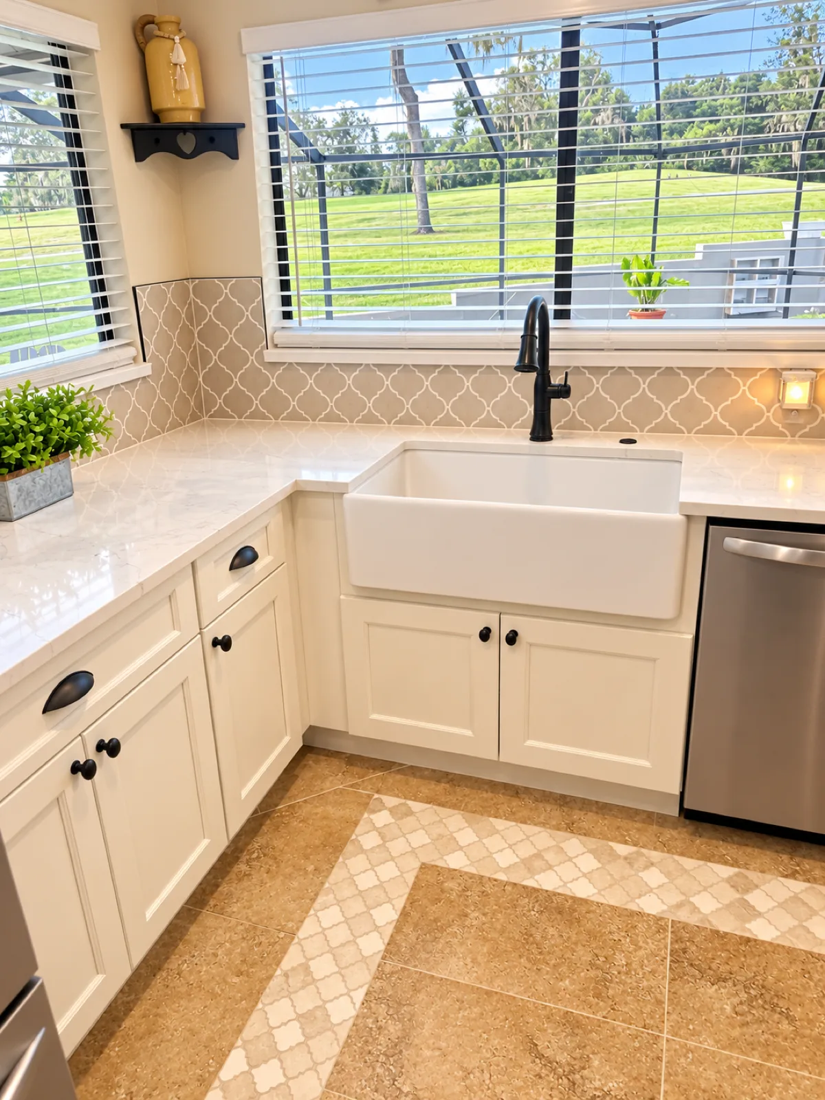 Finished Hudson kitchen farmhouse sink centered under the window with a view of the golf course, white quartz counters, and an arabesque backsplash
