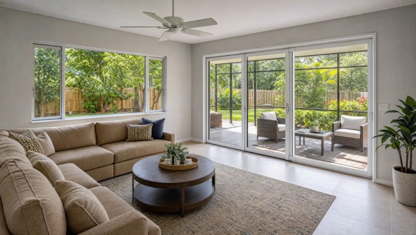 Family room in a 2000s Florida home with new white-framed impact windows and an impact sliding glass door opening onto a screened lanai
