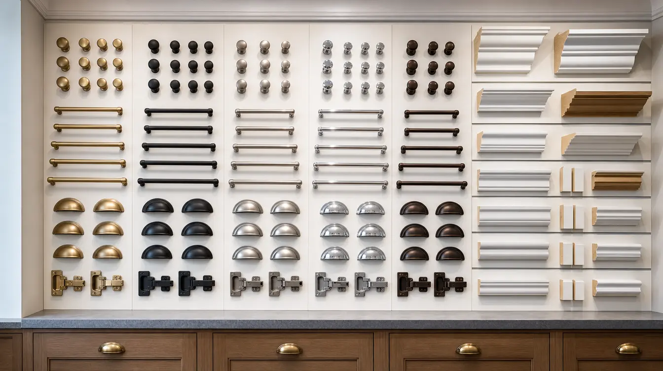 Showroom display wall of cabinet knobs, bar pulls, cup pulls, and hinges in brass, matte black, nickel, chrome, and bronze, with crown and trim profiles, at the CMK Design Studio