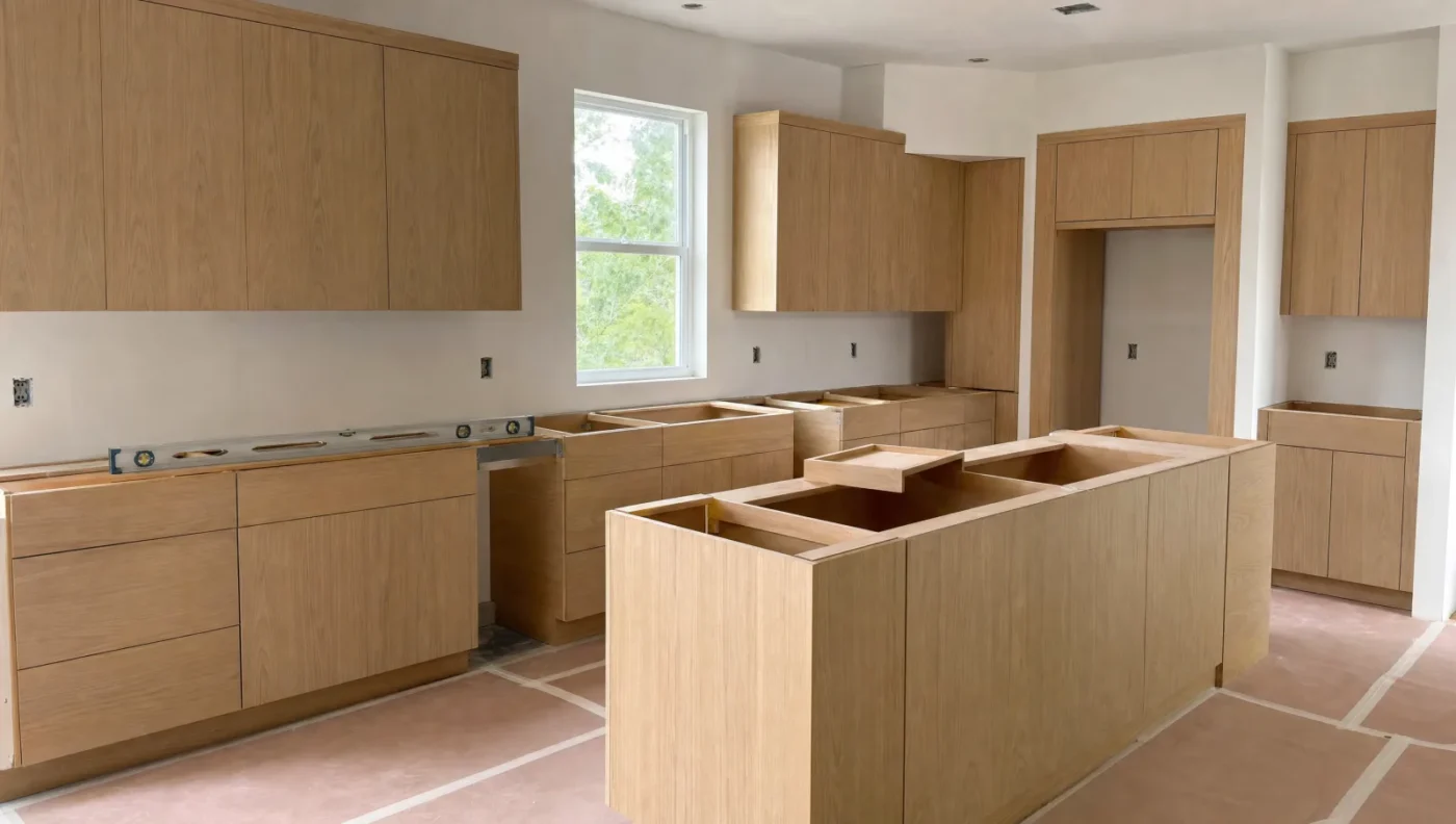 White oak flat-panel kitchen cabinets and island installed and leveled before countertops, with primed walls and the floor covered in protective paper