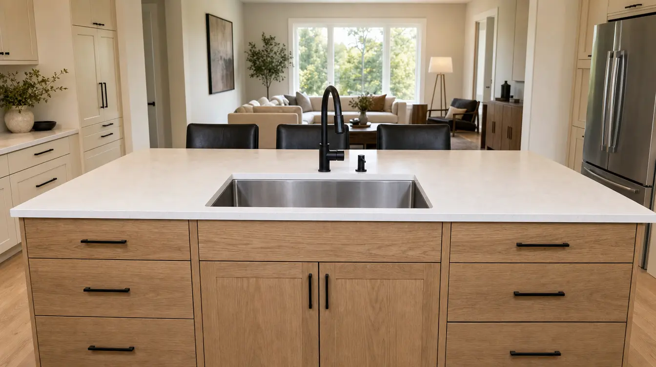 White oak kitchen island seen from the kitchen side, undermount sink and drawer banks on the working face with counter seating and the living room beyond, by CMK Construction