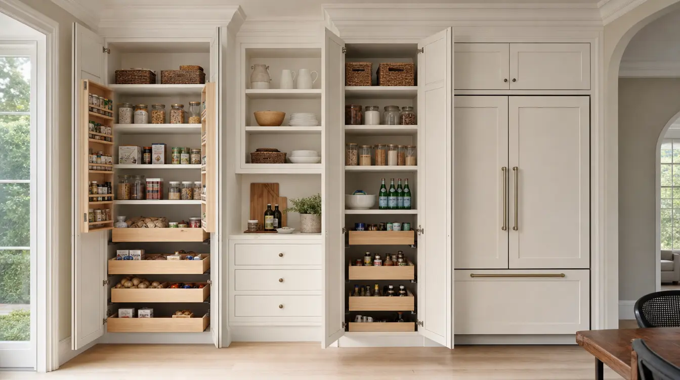 Floor-to-ceiling pantry cabinet wall with adjustable shelving and an integrated panel-ready refrigerator by CMK Construction