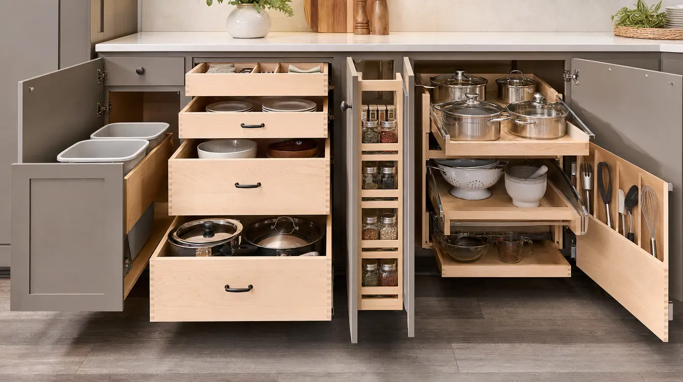 Kitchen cabinet drawers and pull-outs extended showing dovetailed drawer boxes, roll-out shelves, and a spice pull-out by CMK Construction