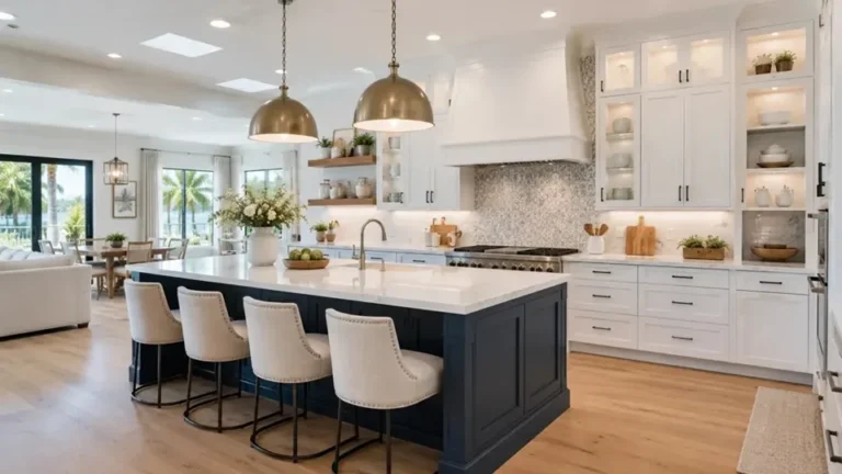 Contemporary kitchen with a dark blue-gray island, white countertops, and three matching bar stools.