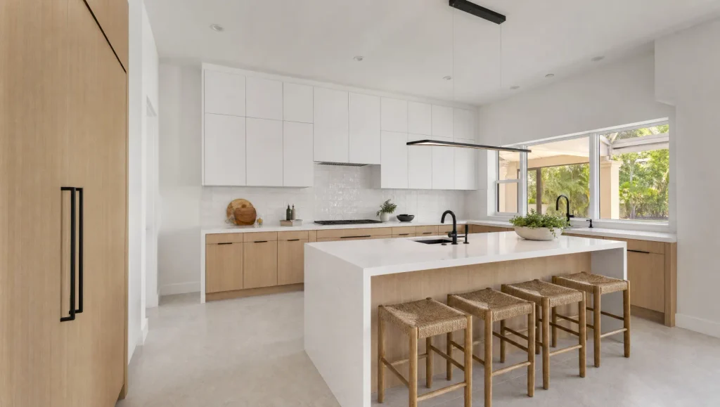 Renovated Florida kitchen with white oak cabinets, white quartz waterfall island, and matte black fixtures