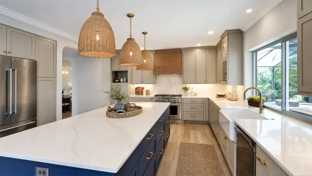Remodeled Tampa Bay kitchen with greige shaker cabinets, navy quartz island, and marble-look backsplash