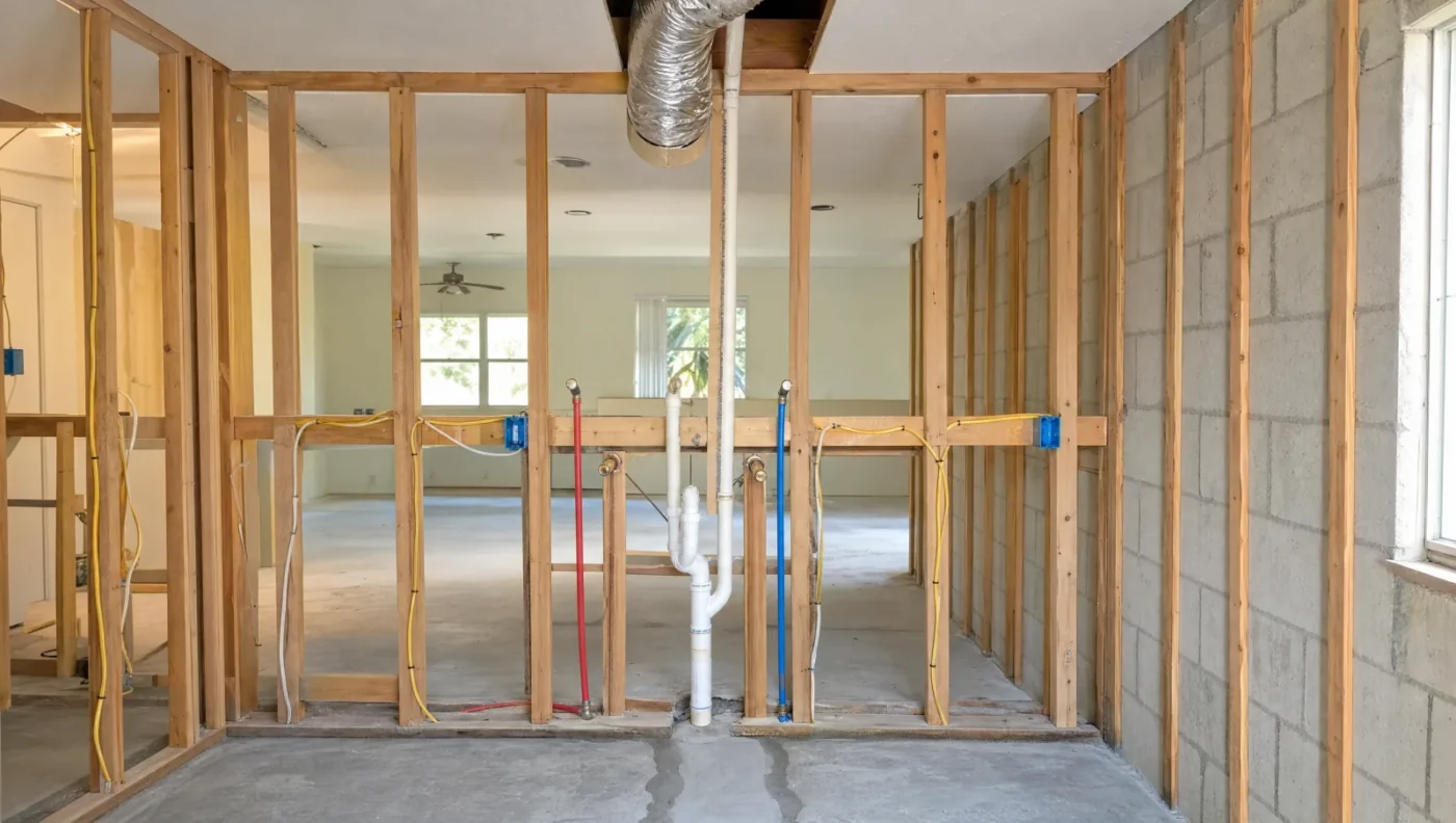 Kitchen sink wall at the rough-in stage with red and blue PEX supply lines, a PVC drain and vent, electrical boxes and cable on open studs, and a flexible HVAC duct in the ceiling