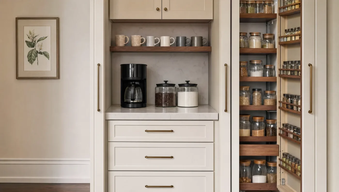Built-in coffee station in a tall white cabinet with pocket doors, mugs on a walnut shelf and drawers below, next to a pullout pantry with spice racks