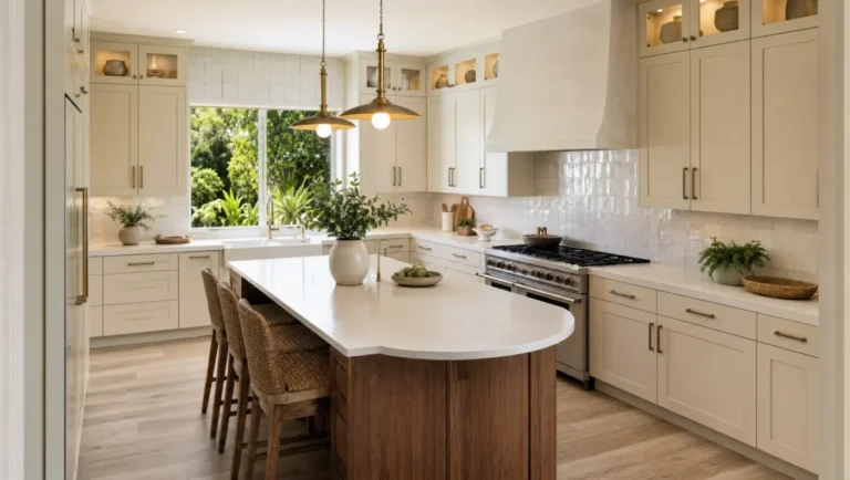 kitchen trends 2026 cream cabinets walnut island rounded end