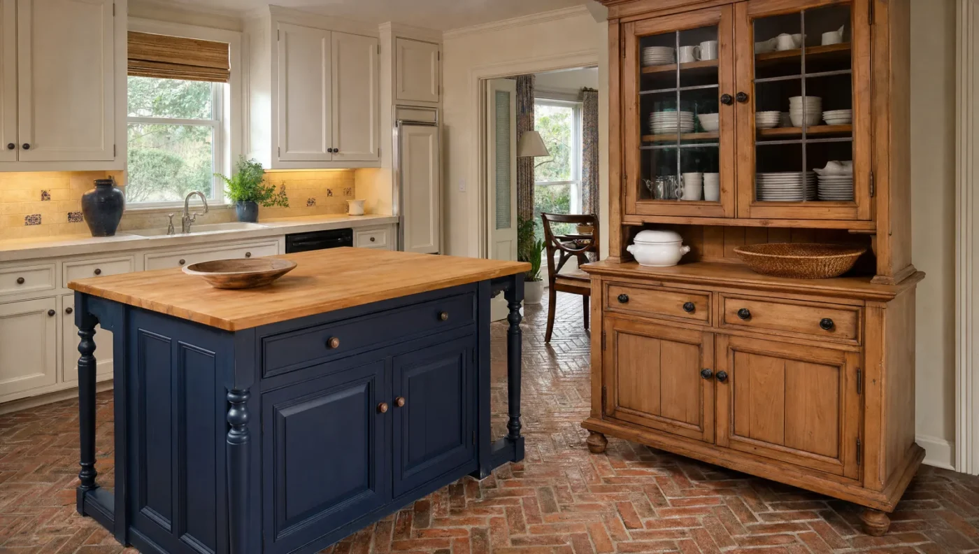 Navy kitchen island with turned legs and a butcher block top beside a wood hutch cabinet with glass doors and a brick herringbone floor