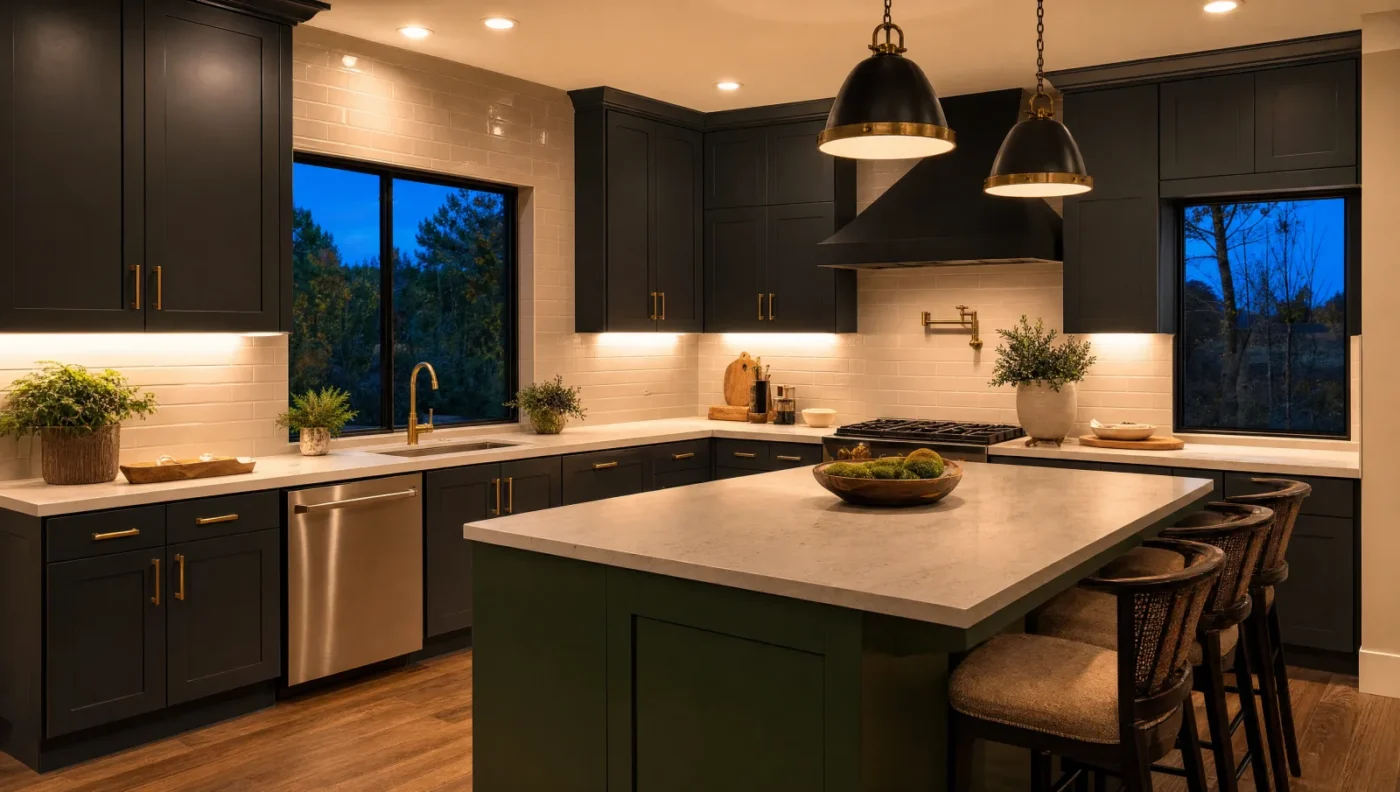 Kitchen at dusk with under-cabinet LED lighting, dimmed recessed lights and two black and brass pendants over a dark green island