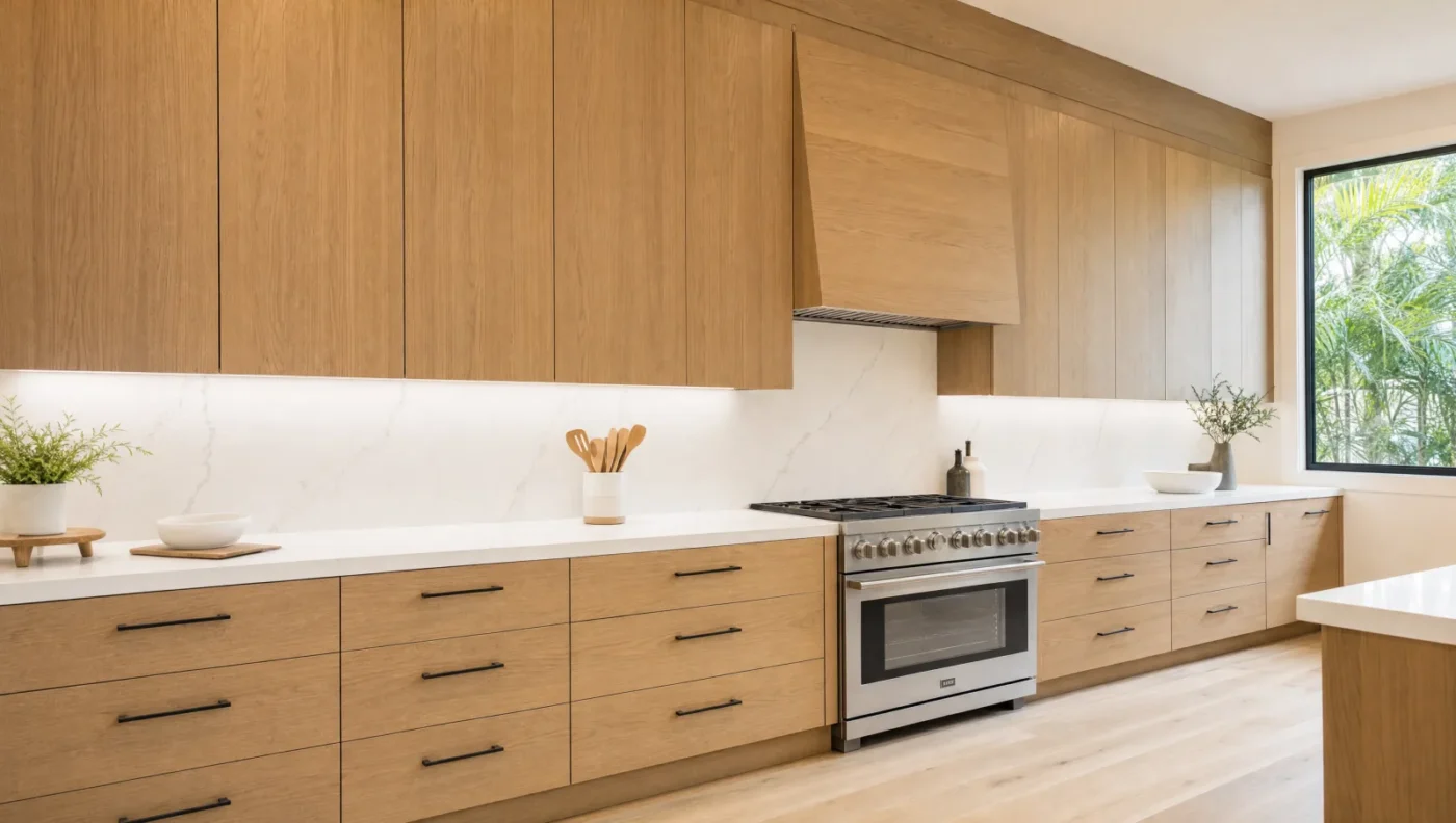 Kitchen with natural white oak flat-panel cabinets to the ceiling, a white oak hood cover, white quartz counters and backsplash, and black pulls
