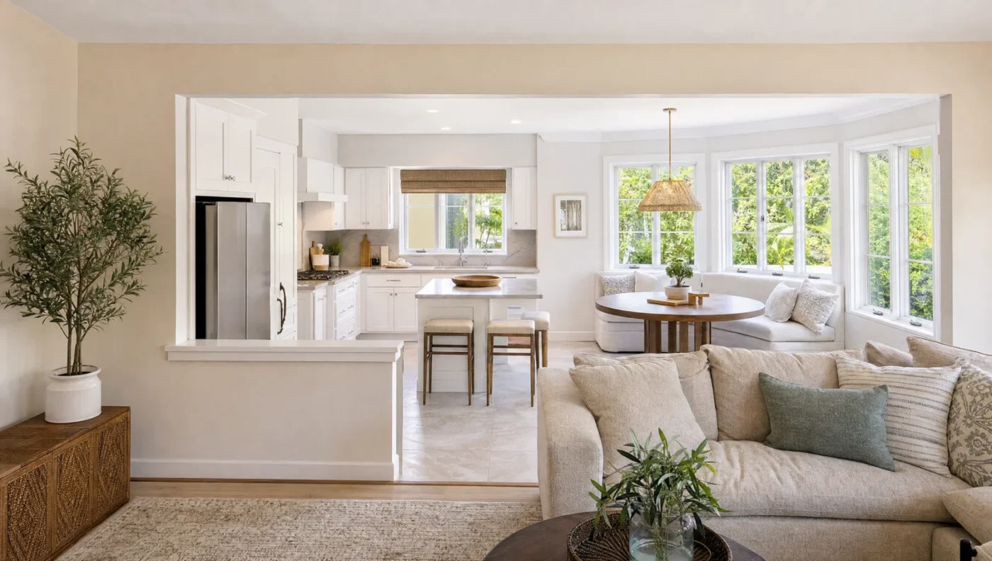Kitchen opened to the family room with a half wall, a small island with stools and a breakfast nook banquette in a bay window