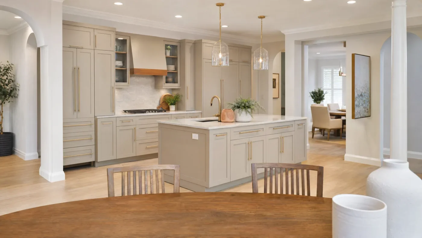 Kitchen with panel-ready refrigerator columns and a paneled island dishwasher in greige shaker cabinetry, open to a dining room through arches